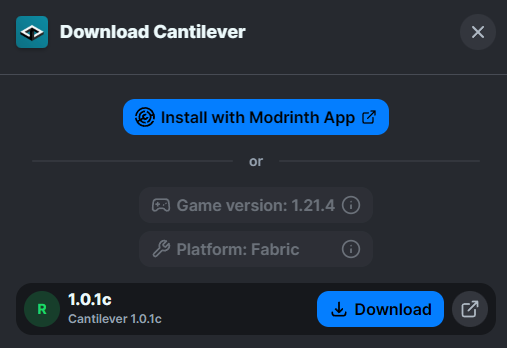 Modrinth download modal.